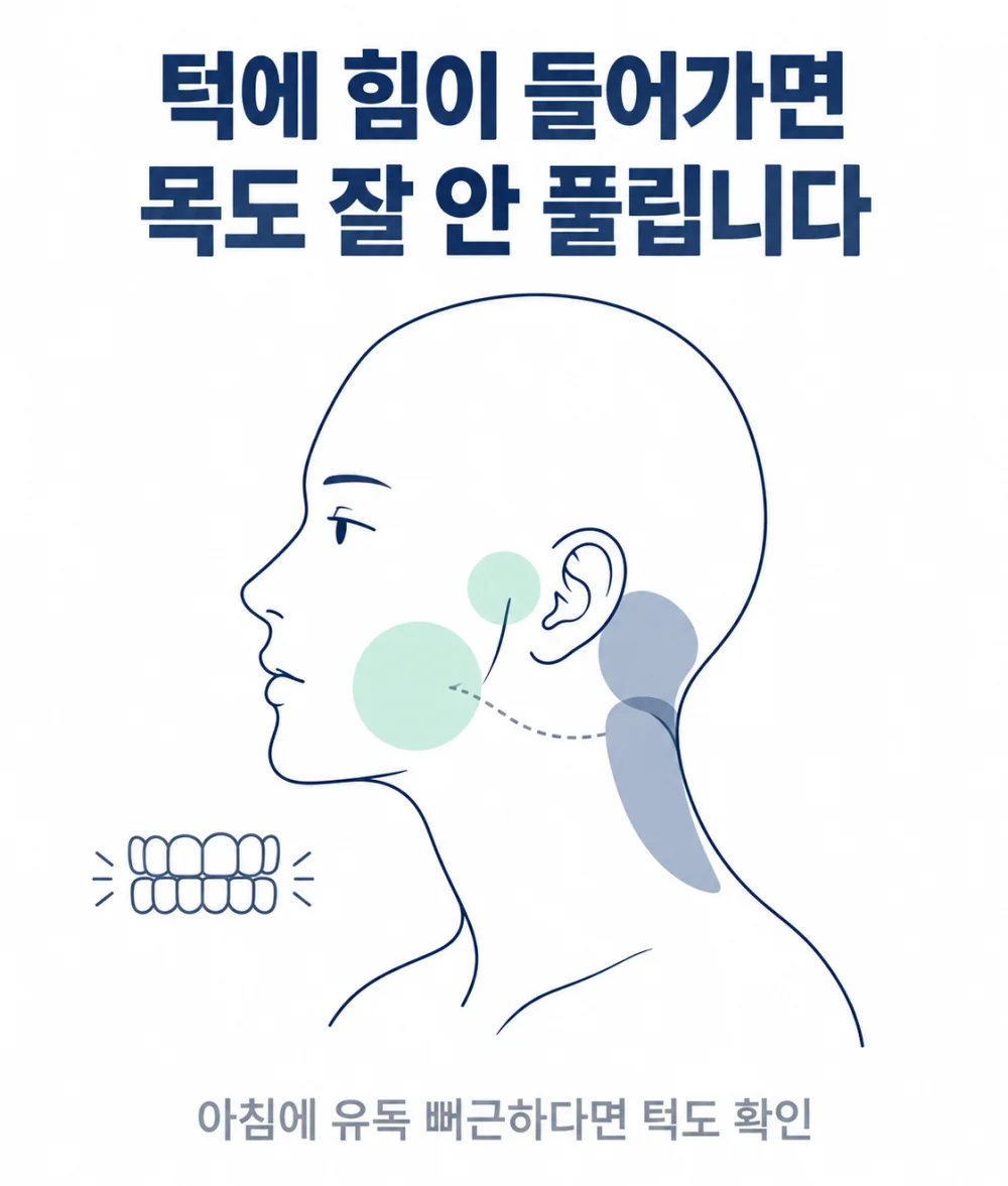 턱에 힘이 들어가면 목도 잘 안 풀립니다 — 이악물기로 굳은 턱 근육이 목 뒤 긴장으로 이어지는 모습. 아침에 유독 뻐근하다면 턱도 확인