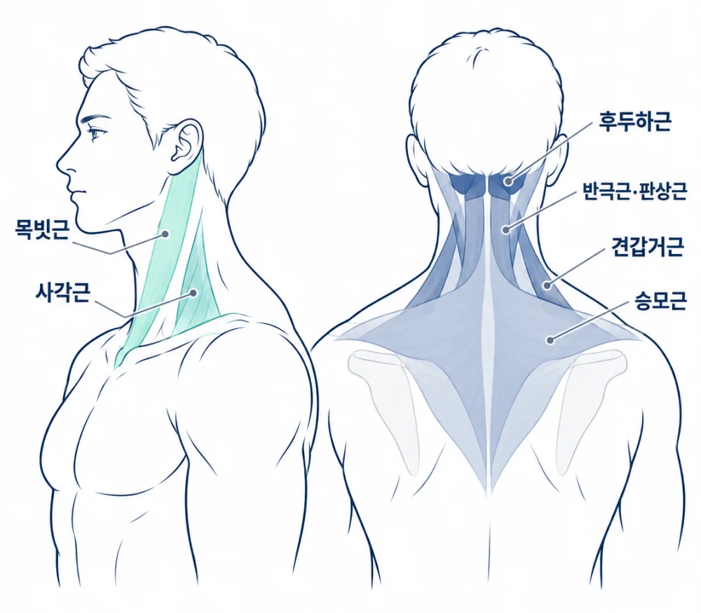 목·어깨 근육 위치 — 옆모습: 목빗근, 사각근 / 뒷모습: 후두하근, 반극근·판상근, 견갑거근, 승모근