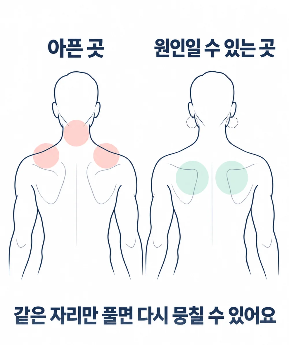 아픈 곳과 원인일 수 있는 곳 — 아픈 곳은 목과 어깨 위, 원인일 수 있는 곳은 등 위쪽 어깨뼈 사이. 같은 자리만 풀면 다시 뭉칠 수 있어요