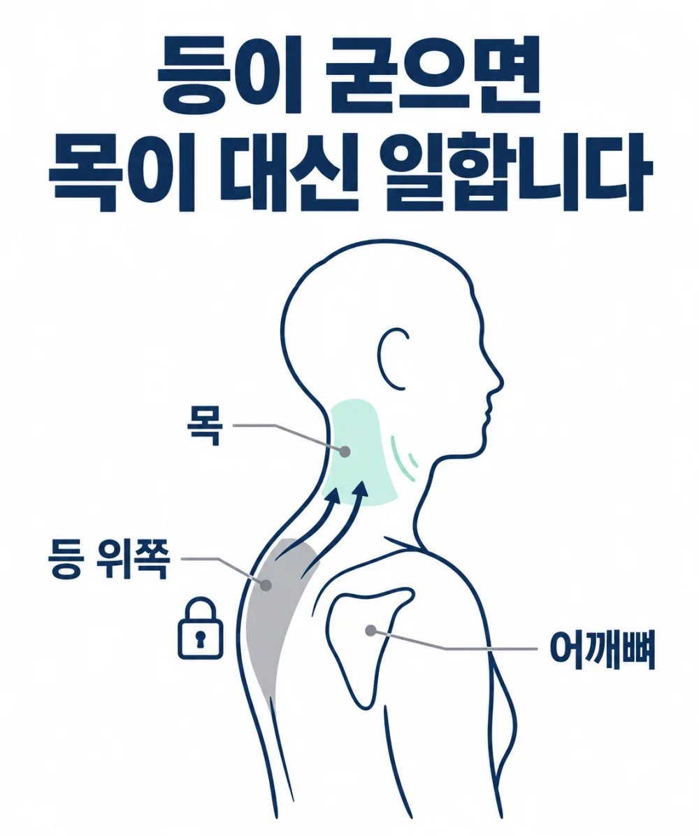 등이 굳으면 목이 대신 일합니다 — 옆모습에서 굳은 등 위쪽의 움직임을 목이 대신 떠안는 모습